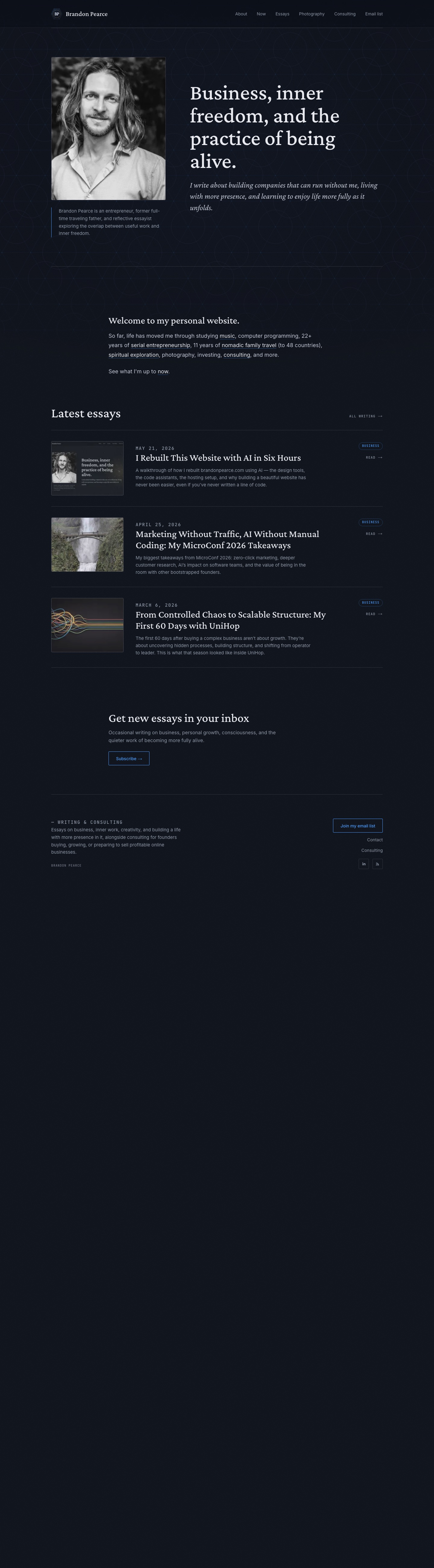 BrandonPearce.com website, the new site, full page