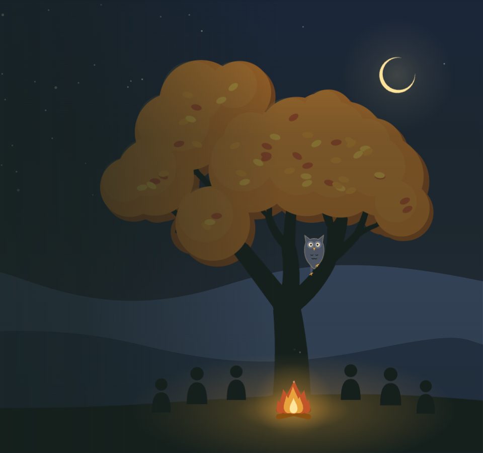 The CommuniTree scene at night, with the moon, campfire, and owl