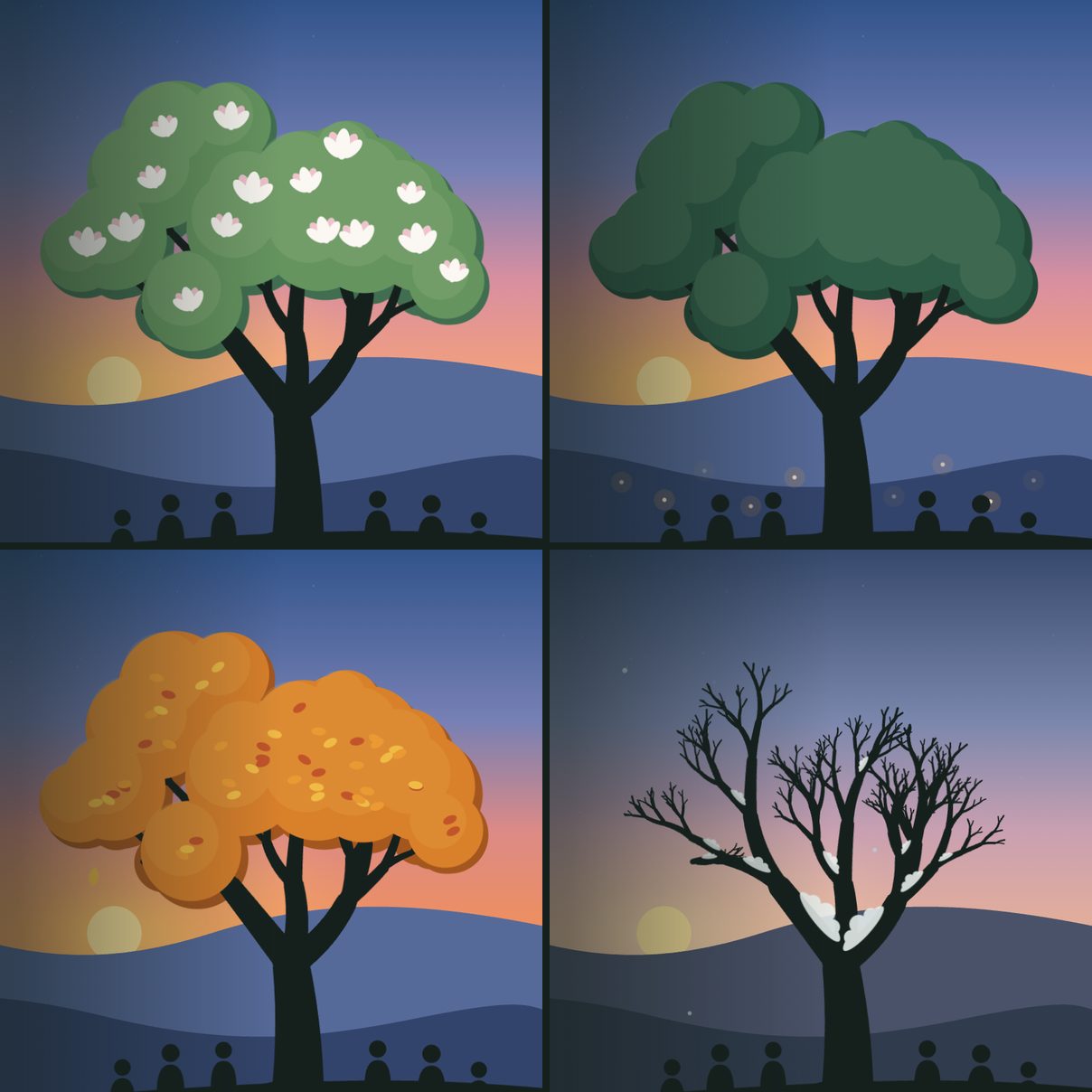 The CommuniTree tree in spring, summer, fall, and winter