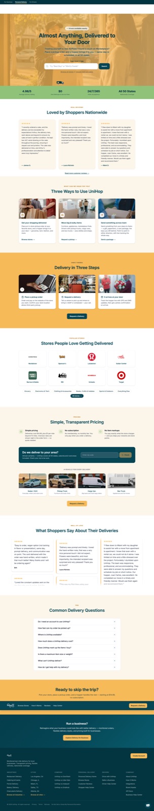 The redesigned personal-delivery page, replacing UniHop's former shopping homepage
